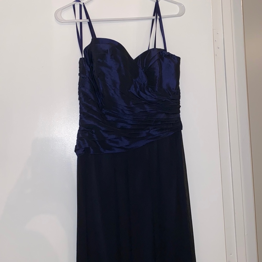 Formal navy and black strapless gown